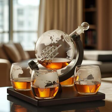 Crystal Whiskey Decanter Globe Set with 4 Glasses - Bourbon, Rum, Scotch Gift for Men, Dad, Him - Transparent Globe Decanter Set