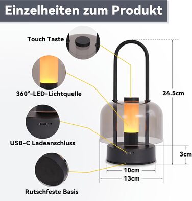 LED настільна лампа Homefire з регулюванням яскравості - акумуляторна, USB-C, 1800K-6500K, метал+акрил, чорна, з функцією пам'яті, для дому (портативна)