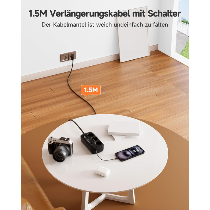 Многорозеткова станція з захистом від перенапруги, 3 розетки, 4 USB (2 USB-C), вимикач, кабель 1,5м, для дому/офісу, білий/чорний