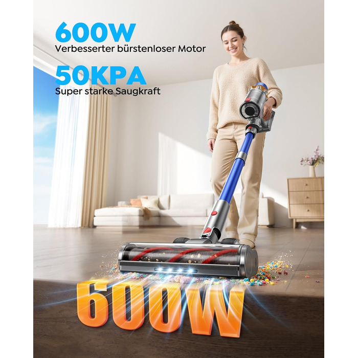 Акумуляторний бездротовий пилосос Fieety 600W, потужність всмоктування 50kPa, час роботи до 130 хв, 2 акумулятори, синій