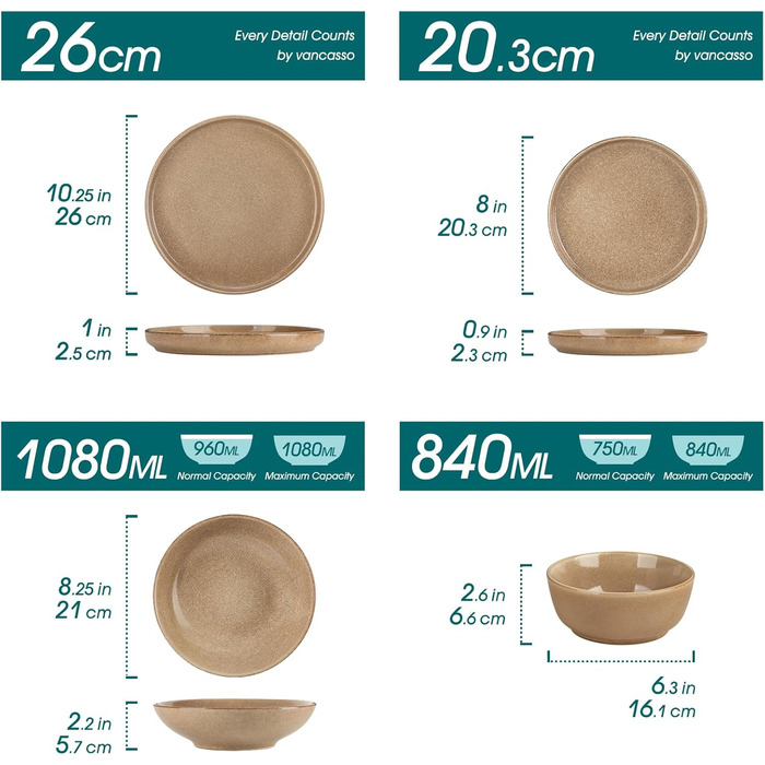 Набір посуду Steingut vancasso ANYA (48 предметів) - 48-місний сервіз з тарілок, десертних тарілок та мисок, карамелевого кольору, сумісний з мийкою та мікрохвильовою піччю