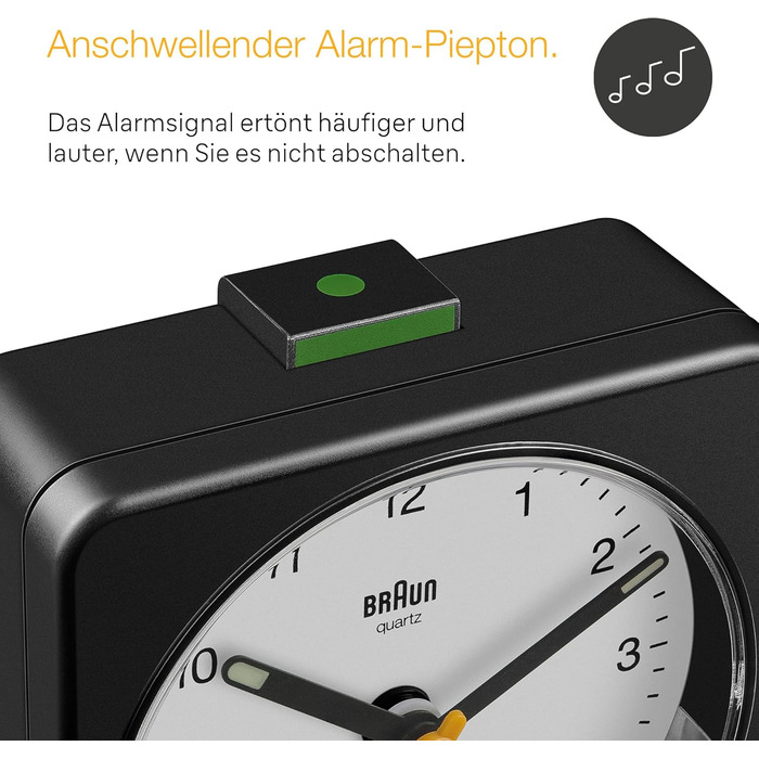 Braun Classic Analog Alarm Clock with Snooze Function and Light, Silent Quartz Movement, Crescendo Alarm, Black and White Model BC03BW.