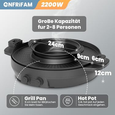 Електричний мультигриль ENFRIFAM 2200 Вт 2-в-1 — гриль та хот-пот, стіл-гриль і суповий казан, знімний, бездимний, розділений шибу-гриль для 2-8 осіб, легке очищення