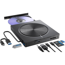 Зовнішній CD/DVD привід USB 3.0 та USB-C, оптичний накопичувач CD/DVD +/-RW ROM для ноутбука, ПК, MacBook, iMac (Windows, MacOS, Linux)