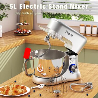 Stand Mixer, Zuccie Stand Mixer Quiet Stirring Mixer including 5L Stainless Steel Bowl, 3 Mixing Tools, Splash Guard, Dough Scraper, and Egg Separator, 8+P Speed Dough Mixer Silver