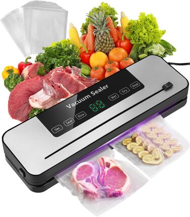 Вакуумний пакувальник Cexovo 5-в-1: пакувальник для продуктів, з LED-дисплеєм, вбудованим різаком та 50 пакетами. Підходить для сухого та вологого режиму, зберігає свіжість продуктів.