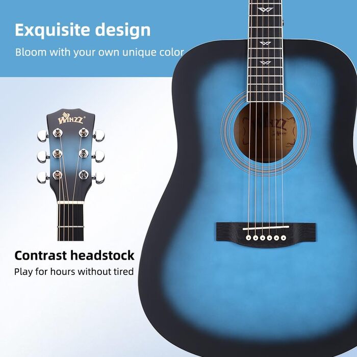Акустична гітара Winzz 4/4 для початківців, 41 дюйм, з чохлом, тюнером, ременем, медіатором, запасним струною та підставкою (натуральний, блакитний)