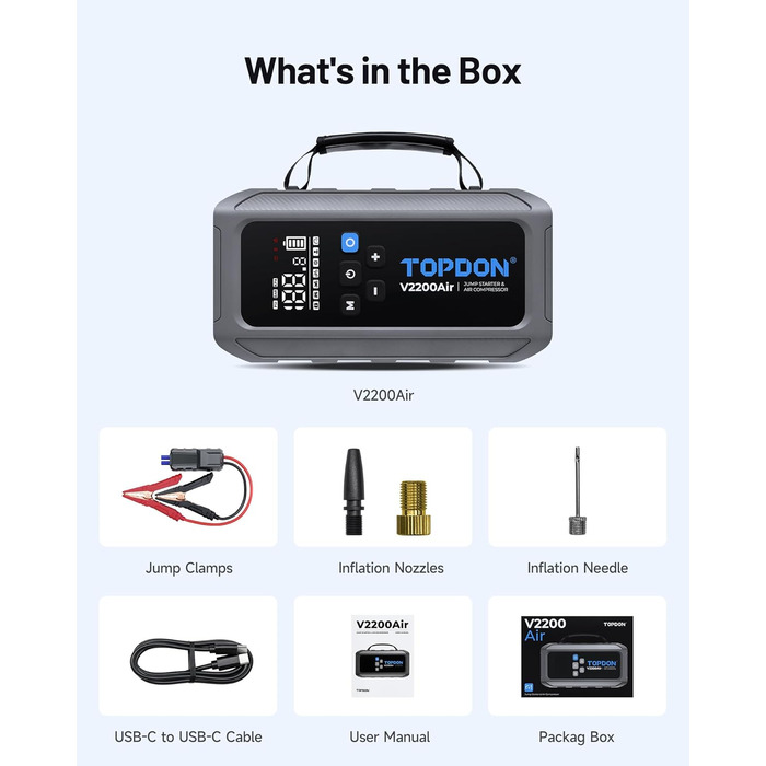 TOPDON V2200Air: Портативний стартер та компресор для авто (2200A, 150PSI)