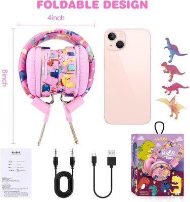 Дитячі навушники JYPS для школи та планшета (3-10 років) з мікрофоном (рожевий динозавр)