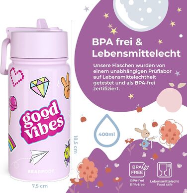Дитяча термопляшка Bearfoot з нержавіючої сталі з трубочкою, 400 мл, без BPA, не протікає, для дівчаток та хлопчиків, ідеальна для школи та дитячого садка (фіолетовий колір, з наклейками)