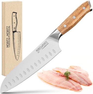 Ніж Santoku Moritz & Moritz 18 см - професійний кухонний ніж у японському стилі з надзвичайно гострою клинком - для м'яса, суші та іншого. Ергономічна ручка з акації. Німецька сталь Santokumesser