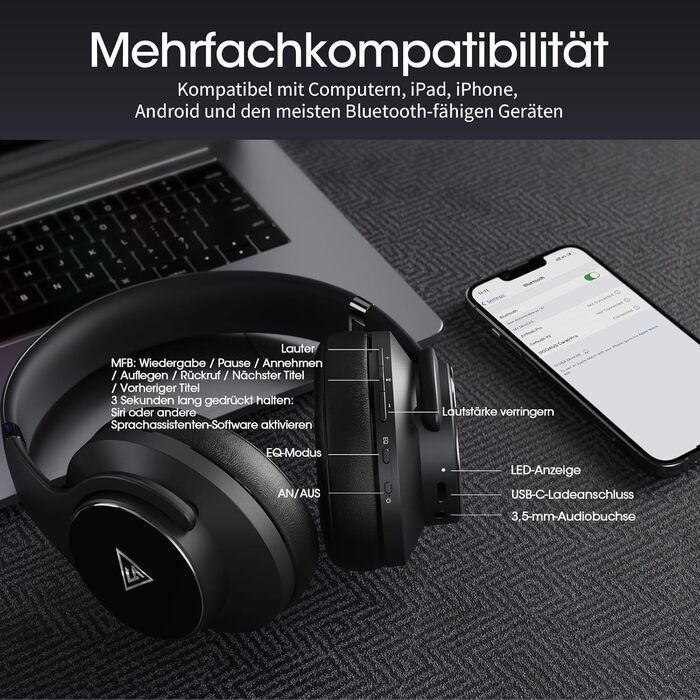 DOQAUS Bluetooth навушники Over-Ear, 90 годин роботи, Bluetooth 5.3, бездротові навушники з мікрофоном, HiFi стерео звук, глибокий бас, для телефону, подорожей, чорний