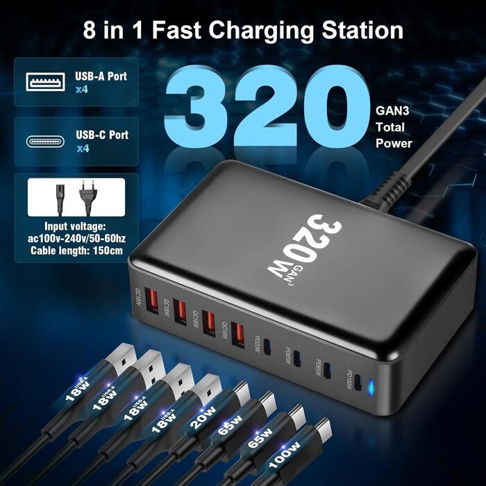 Зарядний пристрій USB C 320W, 8 портів: швидка зарядка USB-A та USB-C, PD PPS 100W для MacBook, iPad, Samsung