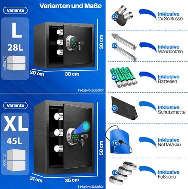 Електронний сейф KESSER® з відбитком пальця та замком | З резервним акумулятором | Сейф для підлоги, стіни, меблів | Чорний | 3-х болонцева замикання