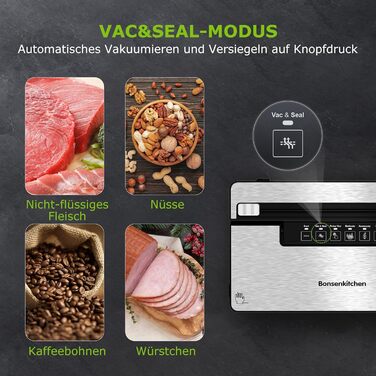 Вакуумний пакувальник Bonsenkitchen: 5 режимів, 8 л/хв, технологія Globefish, 100 пакетів, роликовий пакет