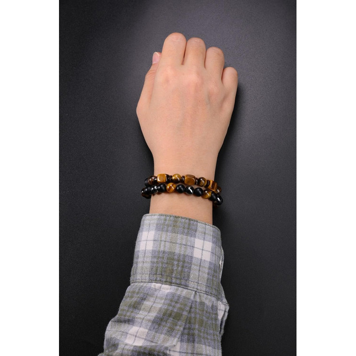 Чоловічий браслет з перлами та мінералами (набір 2 шт): тигрове око, гематит, чорний агат. Браслети з натурального каміння для чоловіків. Набір браслетів-чокерів з мінералами. Стильний аксесуар, духовний подарунок для чоловіка.
