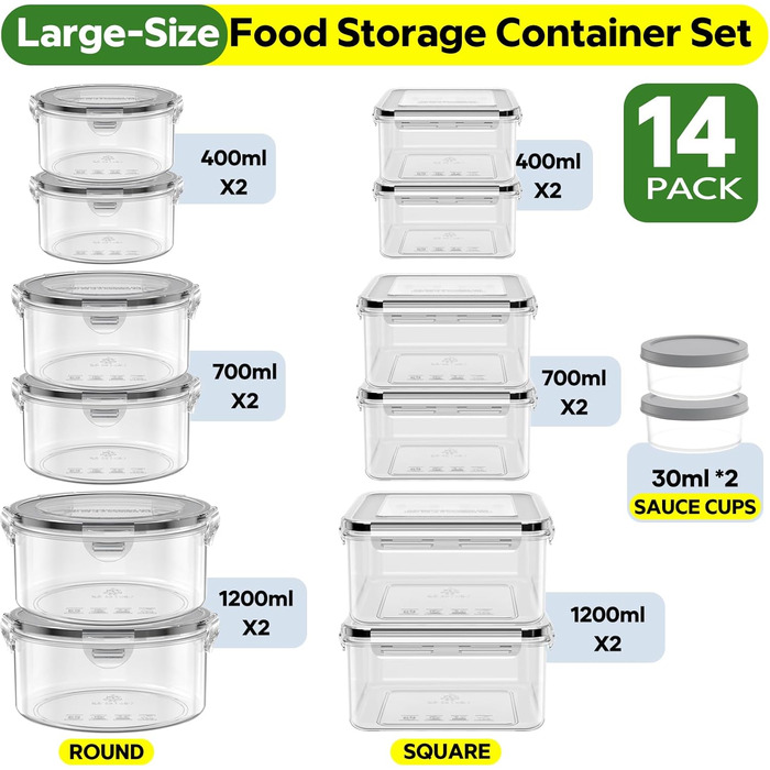 Набір контейнерів для зберігання їжі 28 л з кришками, XXL набір для продуктів, контейнери для Meal Prep, BPA-Free, для кухні