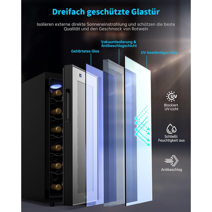 WIE 33 Liter Wine Fridge - 1 Zone, 12 Bottle Capacity, Mini Wine Cooler with Glass Door & LED Touch Panel, Anti-UV