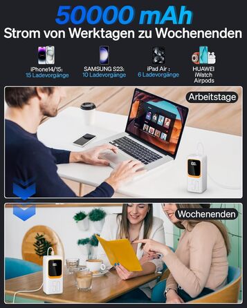 Портативний зарядний пристрій Power Bank 50000mAh з інтегрованим кабелем: швидка зарядка 22,5W, велика ємність, LED-ліхтарик, 7 виходів & 3 входи, 2x25000mAh, білий