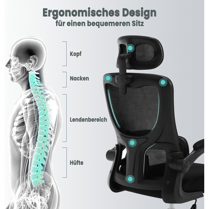 Офісний стіл Woltu: ергономічний крісло з регульованою підголівником, обертовими підлокітниками та підтримкою попереку. Крісло для офісу, витримує до 150 кг, чорний