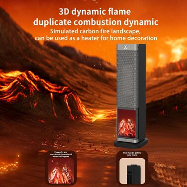 Електрична теплова гармата з пультом керування 2000W, 23 дюйми, 70° осциляція, 3D-полум'я, LED-дисплей, ECO-режим, таймер 12 годин - для дому, колір сріблястий