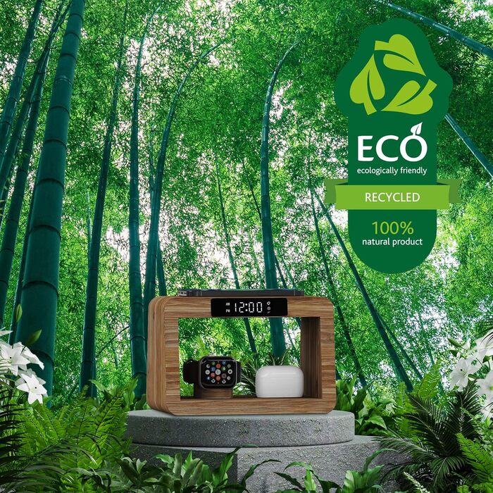 Багатофункціональна бамбукова зарядна станція 5-в-1 з бездротовим зарядним пристроєм, світлодіодним нічником та годинником, сумісна з Apple Watch, AirPods, Samsung Galaxy та іншими пристроями