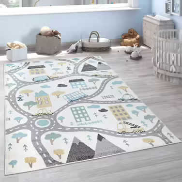 Paco Home Kids Rug, Play Rug for Children's Room, Pastel Colors, Boy/Girl, Car Street House, Cream, Petrol, Gray, Yellow, Size: 160x220 cm (Rectangular), White