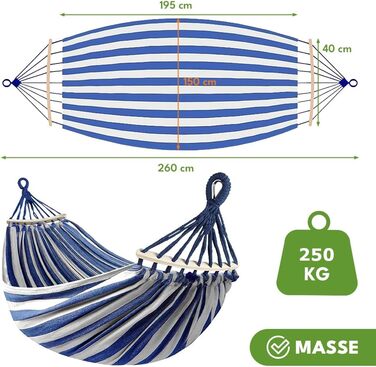 Гамак KRUMAD 260 см, до 250 кг, вологостійкий, бавовна-поліестер, для саду, балкону, кемпінгу, з дерев'яними розпірками та сумкою (блакитно-білий, без каркасу)