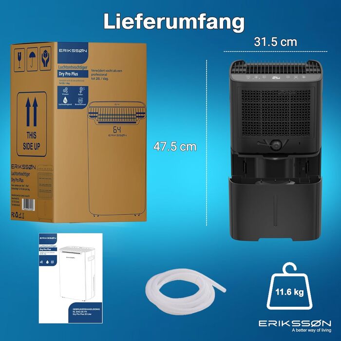 Зволожувач повітря Erikssøn з LED-дисплеєм, таймером та захистом для дітей | видаляє 20 л вологи на добу | для приміщень до 175 м³ | енергоефективний, з датчиком вологості, чорний