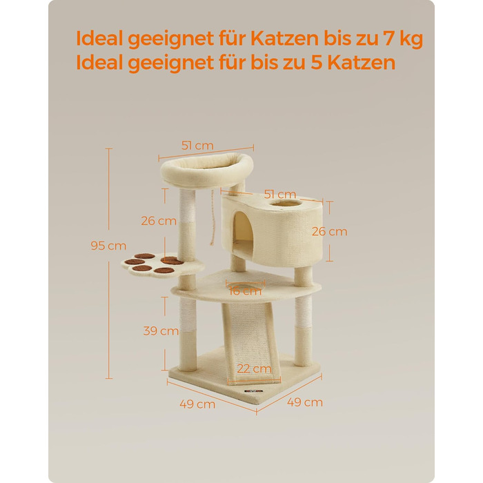 Дряпка для котів Feandrea Kratzbaum, котячий будиночок з дряпальною колоною, платформами, м'яким плюшем, 115 см, повністю обмотана сизалем, PCT141W01 (Бежевий, 49 x 49 x 95 см)