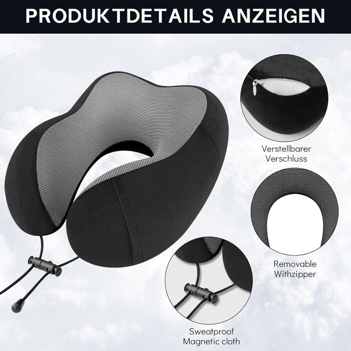Подушка для шиї у літак CNMTCCO, регульована, з піною Memory Foam, ергономічна, з навушниками, маскою для очей, сумкою, для подорожей (літак, авто), чорна