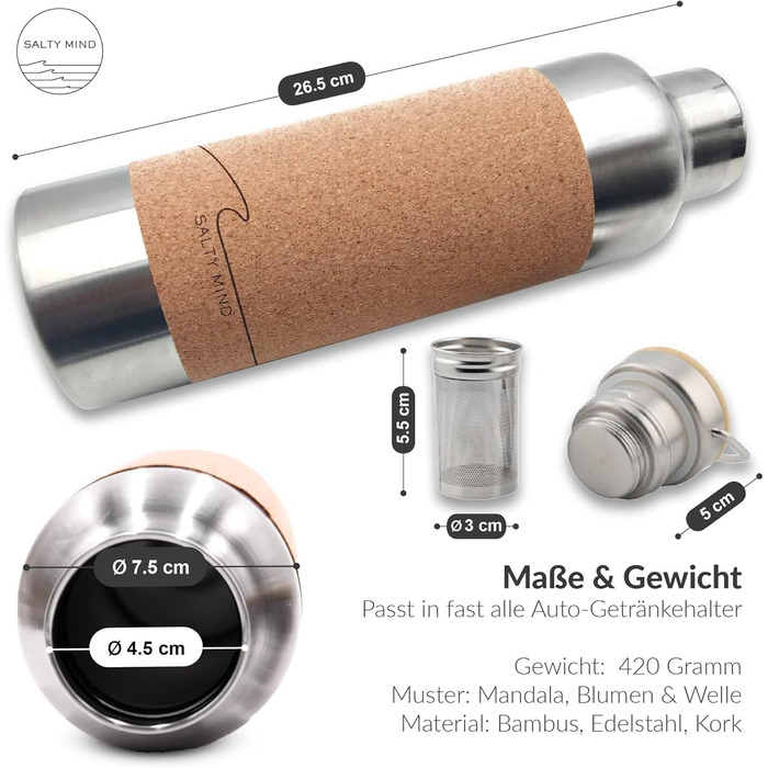 Stainless Steel Water Bottle 750ml - Sustainable, insulated Thermo Water Bottle made of Stainless Steel, leak-proof - Iso Bottle without harmful substances, BPA-free - Thermos Drinking Bottle (Floral Print) (Flowers (Print) + Tea Strainer)