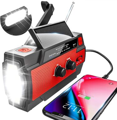 Сонячне радіо YIKANWEN: AM/FM, USB, ручне заряджання, 4000mAh, для кемпінгу та подорожей (червоне)