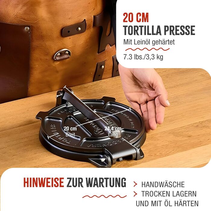 Пресс для тортилій Victoria, чавун HD, 20 см - для мексиканських тортилій, тако, арепа, кесадилья, емпанада, патаконе