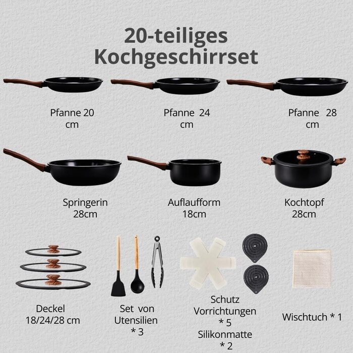 Набір посуду LEADZM Keramik 20 предметів для індукційних плит: каструлі, сковороди з кришками (Чорний+Натуральний)