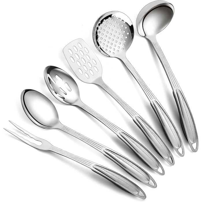 Stainless Steel Kitchen Utensil Set, 6-Piece, Cooking Utensil Sets, Kitchen Helper Essentials include a Metal Spatula Set, Slotted Spoon, Ladle, Serving Spoon, Skimmer, and Carving Fork.