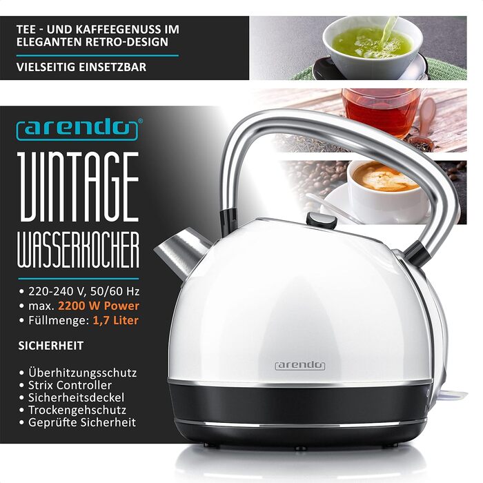Arendo Retro Stainless Steel Kettle - 1.7L Electric Kettle with Replaceable Scale Filter - Cool Grey - Automatic Shutoff