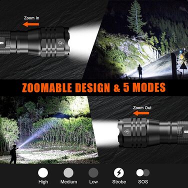 LED ліхтарик GEARLITE 4000 Lumen: 2 шт. в комплекті, водонепроникний, з зумом, для кемпінгу, туризму, надзвичайних ситуацій