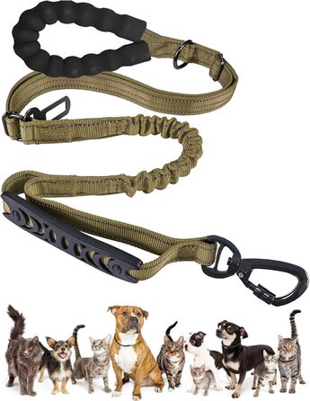 Міцна повідок для собак Robuste 1,2–1,5 м з амортизацією, 2 ручки, фіксатор для авто, чорний (хакі)