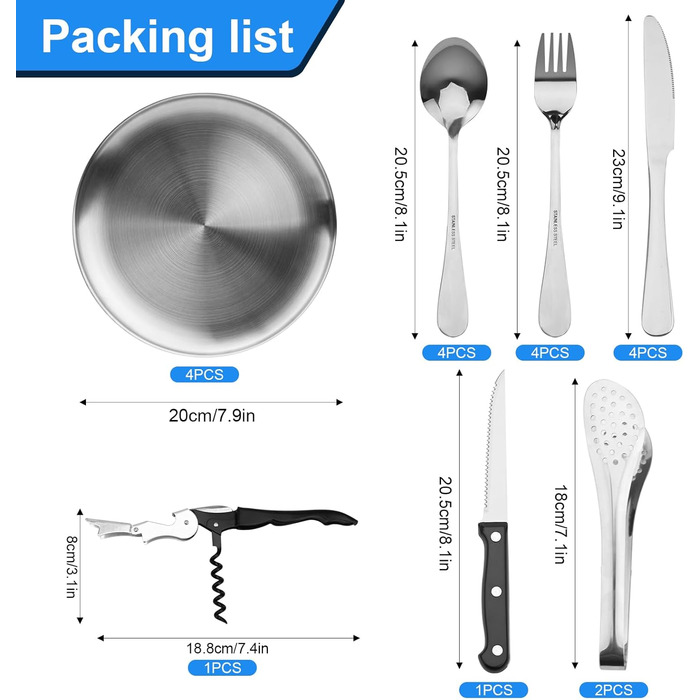 Набір посуду для кемпінгу на 4 особи, 20 предметів: ложки, виделки, ножі, тарілки, кліпси, відкривачка. Набір столових приборів з нержавіючої сталі для пікніків та відпочинку на природі