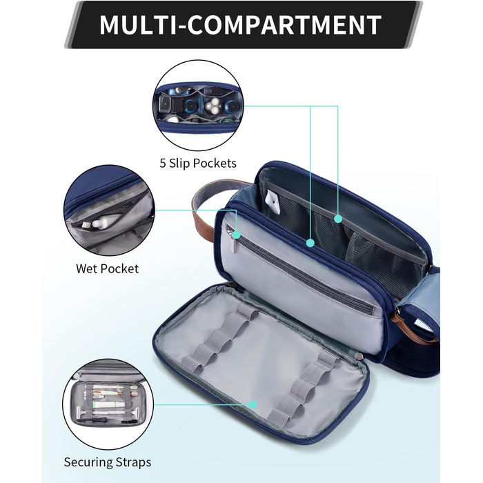 Чоловіча дорожня косметичка ECOHUB, водонепроникна, з відділенням для мокрого одягу, ремінь, з перероблених матеріалів, з двома застібками-блискавками (Синьо-зелений, Темно-синій)