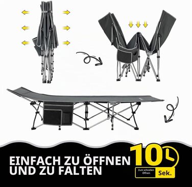 Складане кемпінгове ліжко KingCamp Ultralight з бічною кишенею, розкладне ліжко для відпочинку на природі, вдома та в автофургоні, 190 x 67 см, колір Blackgreychecker