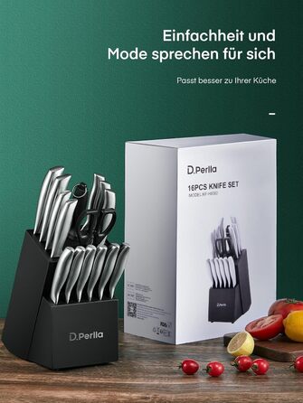D.Perlla Professional 16-Piece Knife Set with Wooden Block - Extra Sharp & Ergonomic Stainless Steel Kitchen Knives