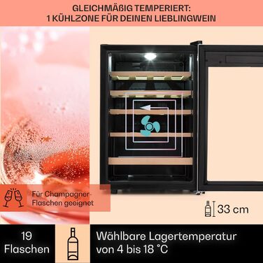 Klarstein Wine & Beverage Refrigerator - 1 Zone, 19 Bottles, UV Protection, 4-18°C, Freestanding, Silver & Black