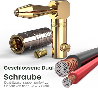 Позолочені кутові бананові роз'єми FosPower Premium для акустичних кабелів, Hi-Fi систем та підсилювачів (4 шт/2 пари)