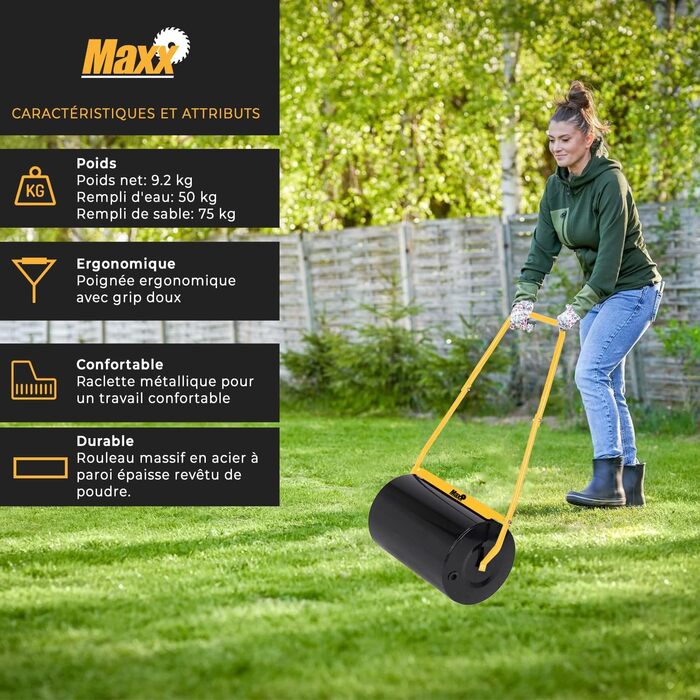 MaxxGarden Fillable Lawn Roller - Fillable garden roller with sand or water - Up to 50L - Lawn roller for lawns - 50cm x 32cm - Roller for leveling and pressing seeds - Size M - Black/Yellow
