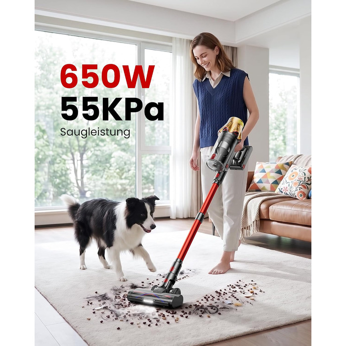 Акумуляторний бездротовий пилосос 55кПа/600Вт, контейнер 1.8л, LED-дисплей, антинамотувальна щітка, для килимів, твердих підлог та авто, червоний