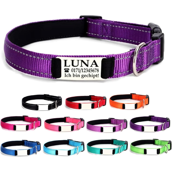 Персоналізований нашийник для собак з іменем, 25-40 см, світловідбиваючий (фіолетовий, M)