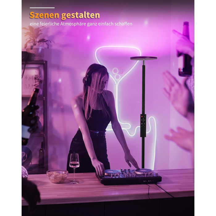 Стійка лампа LuminexDesigns з полицею, 36W+7W LED, диммування, 3200LM+600LM, сучасний дизайн, для вітальні та як настінний світильник, з пультом керування, 2700K-6500K, чорний колір