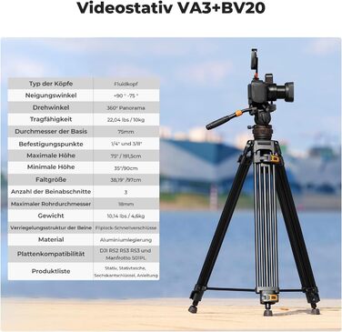 Штатив для камери K&F CONCEPT VA3+BV20: відео штатив з поворотним кріпленням, 184 см, для DSLR, відеокамер